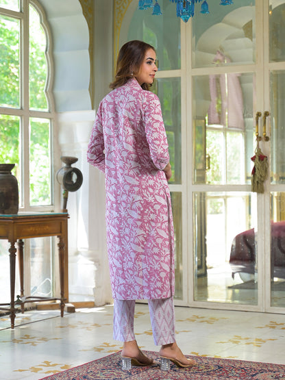 White & Pink Cotton Block Print Kurta Pant with Dupatta