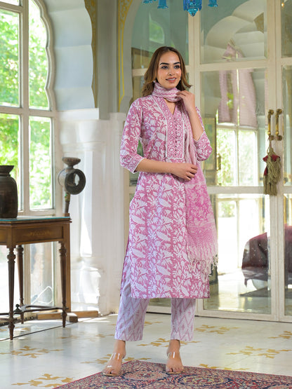 White & Pink Cotton Block Print Kurta Pant with Dupatta