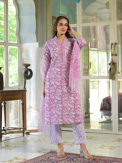 White & Pink Cotton Block Print Kurta Pant with Dupatta
