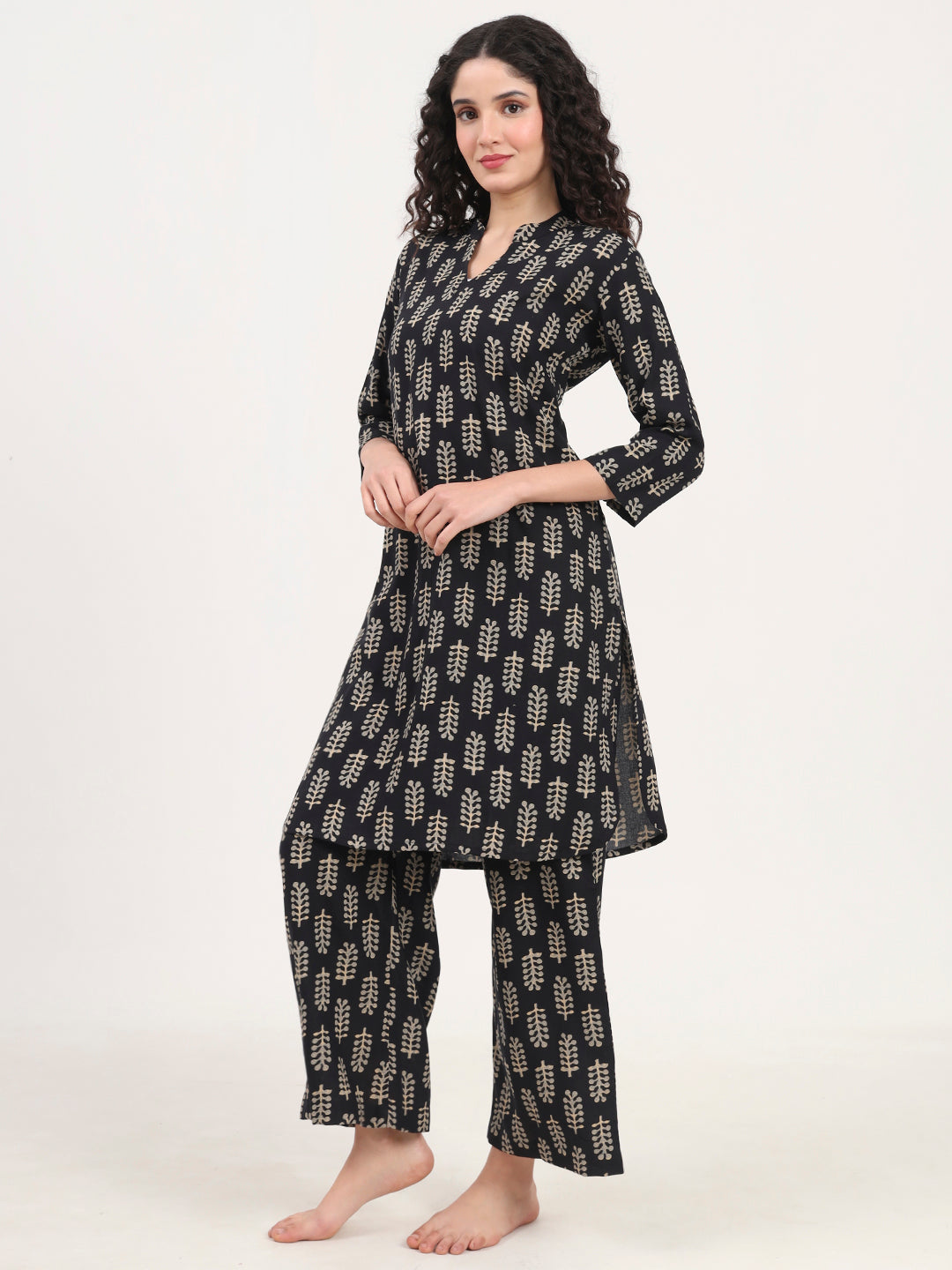 Black Printed Cotton Night Suit Set