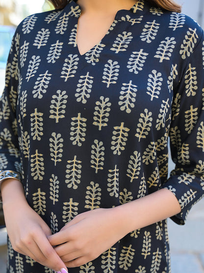 Black Ethnic Printed Rayon Kurta With Trouser