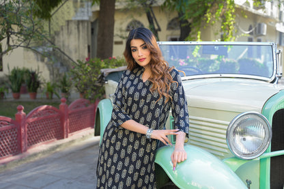 Black Ethnic Printed Rayon Kurta With Trouser