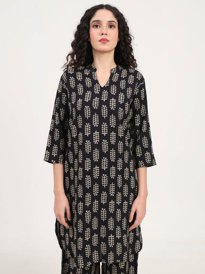 Black Printed Cotton Night Suit Set