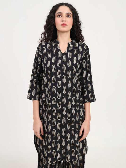 Black Printed Cotton Night Suit Set