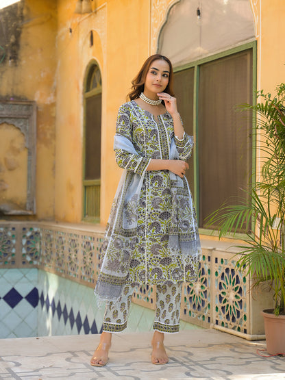Sea Green Cotton Hand Block Print Kurta Pant with Dupatta
