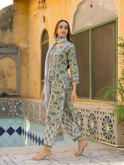 Sea Green Cotton Hand Block Print Kurta Pant with Dupatta