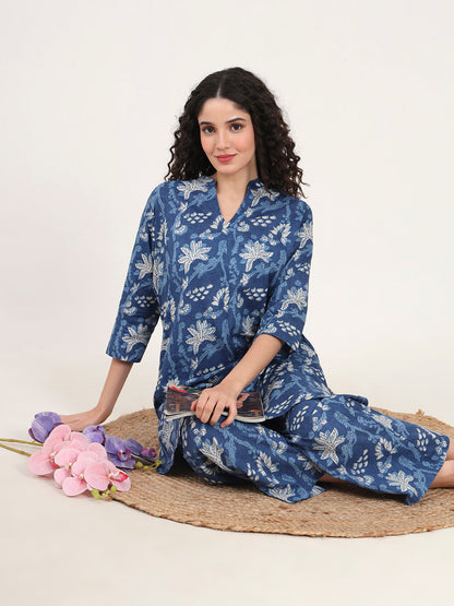 Indigo Blue cotton Night Suit Set for women