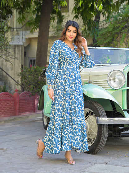 Blue Floral Print Rayon Fabric Flared Long Dress
