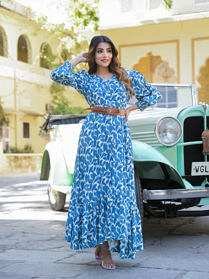 Blue Floral Print Rayon Fabric Flared Long Dress