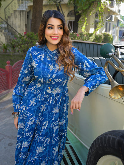 Blue Floral Print Cotton Fabric Flared Dress
