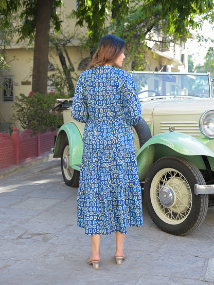 Blue Floral Print Cotton Fabric Fit Flared Dress
