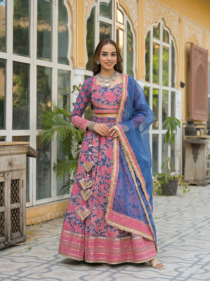 Blue Printed Cotton Lehenga with Choli and Dupatta