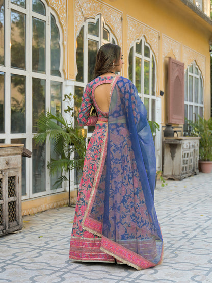 Blue Printed Cotton Lehenga with Choli and Dupatta