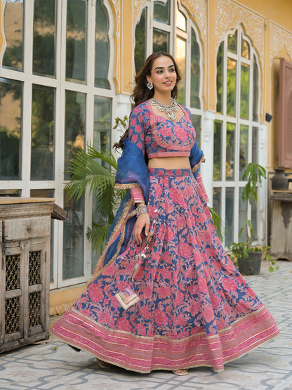 Blue Printed Cotton Lehenga with Choli and Dupatta