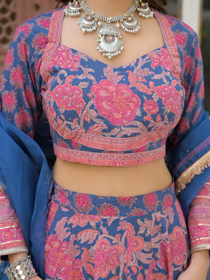 Blue Printed Cotton Lehenga with Choli and Dupatta