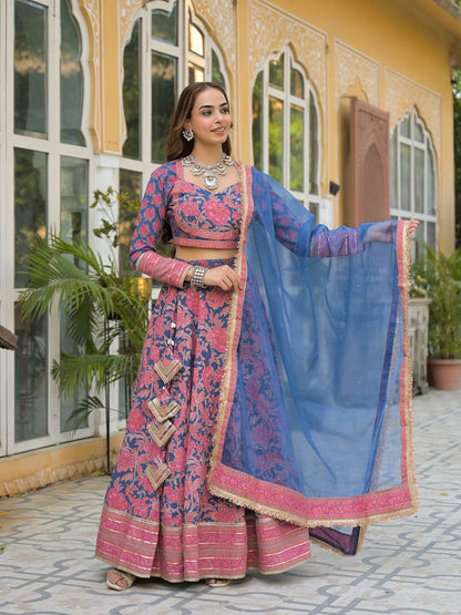 Blue Printed Cotton Lehenga with Choli and Dupatta
