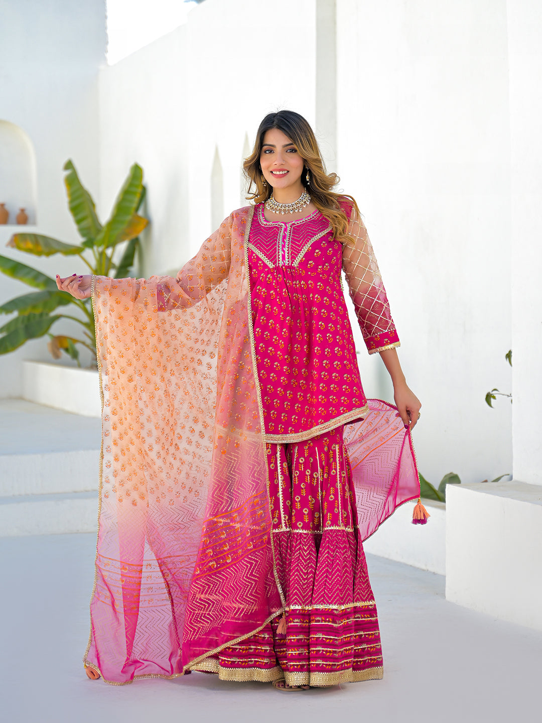 Pink Muslin Round Neck Kurta Sharara Set with Organza Dupatta