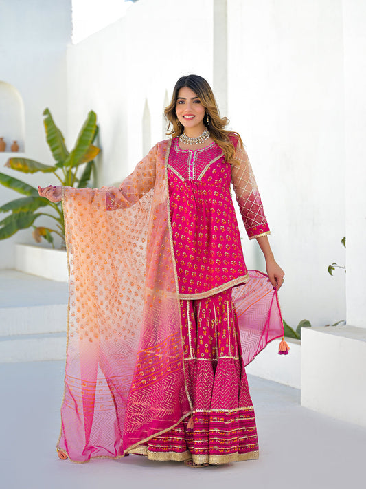Pink Muslin Round Neck Kurta Sharara Set with Organza Dupatta