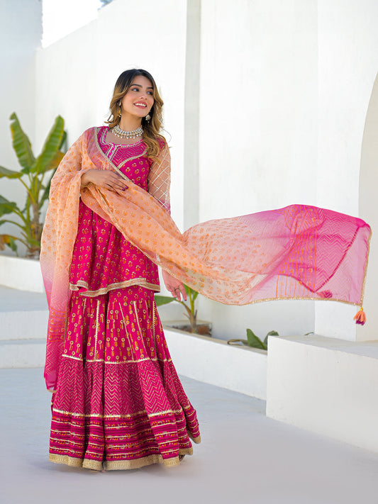 Pink Muslin Round Neck Kurta Sharara Set with Organza Dupatta