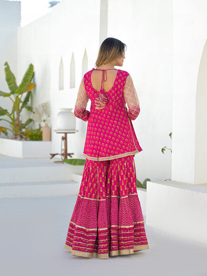 Pink Muslin Round Neck Kurta Sharara Set with Organza Dupatta