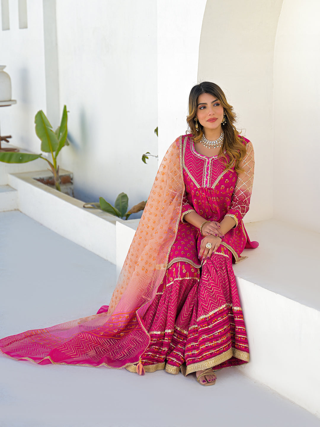 Pink Muslin Round Neck Kurta Sharara Set with Organza Dupatta