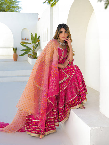 Pink Muslin Round Neck Kurta Sharara Set with Organza Dupatta