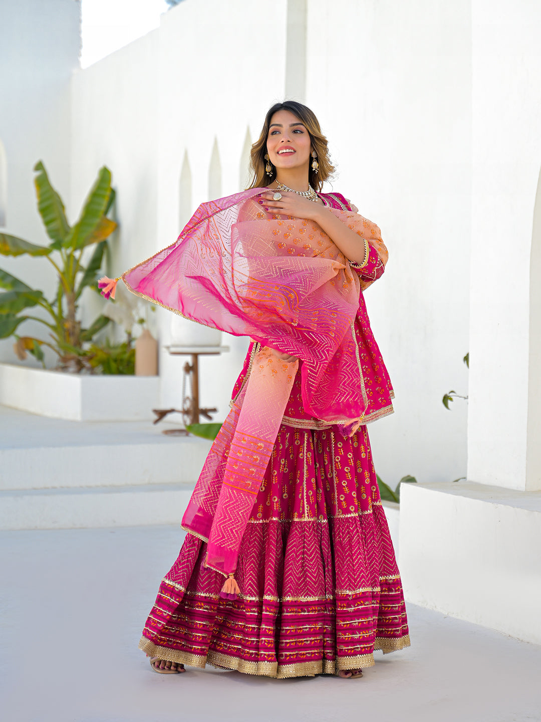 Pink Muslin Round Neck Kurta Sharara Set with Organza Dupatta