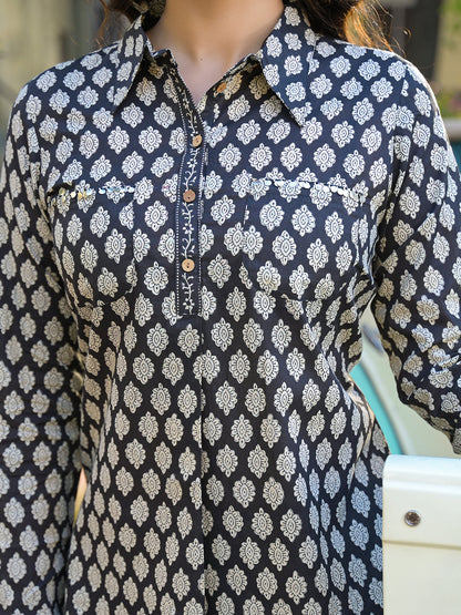 Black Ethnic Printed Cotton Fabric Shirt Kurta With Trouser