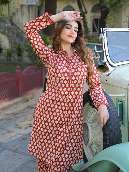 Red Ethnic Printed Cotton Fabric Shirt Kurta With Trouser