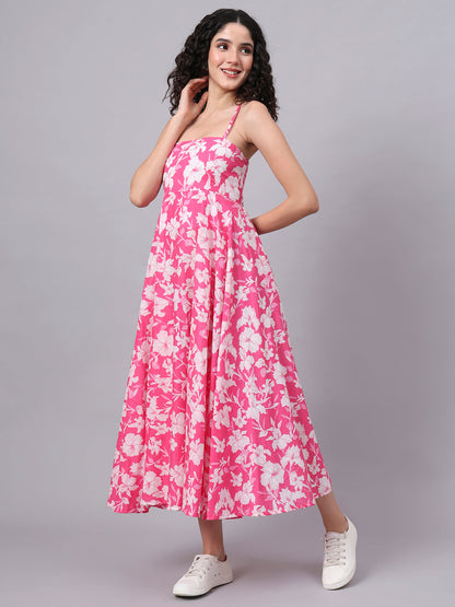 Pink Floral Shoulder Straps Cotton Dress