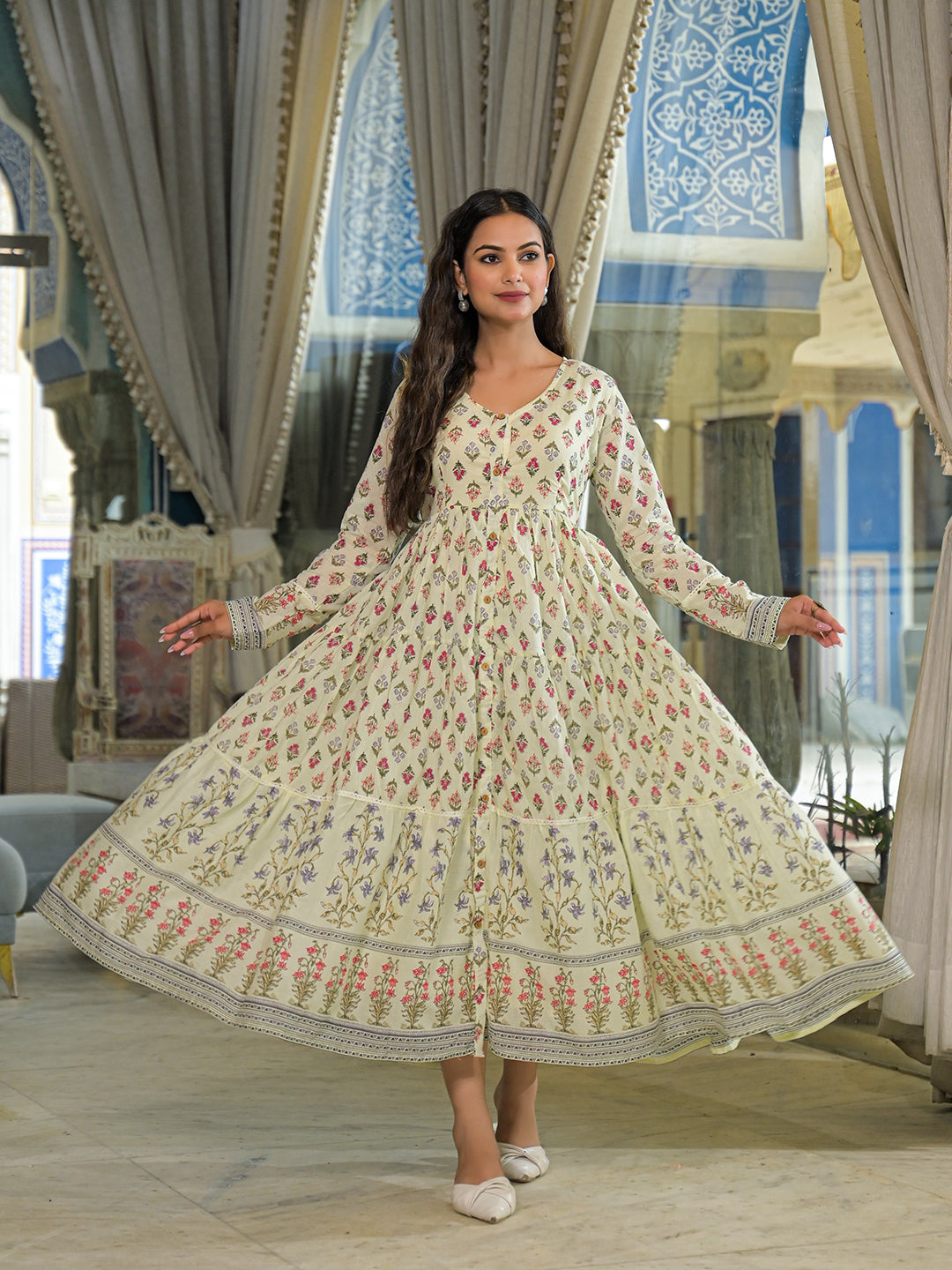 Cream Ethnic Motif Cotton Dress