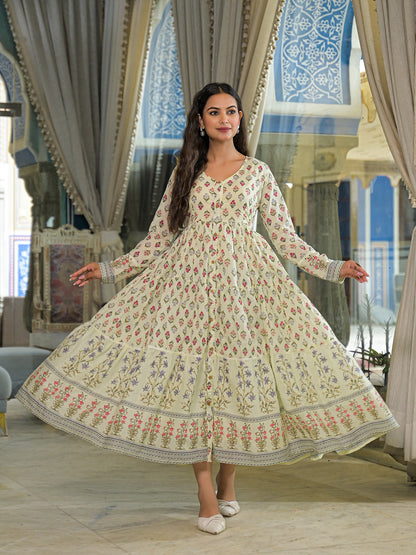 Cream Ethnic Motif Cotton Dress