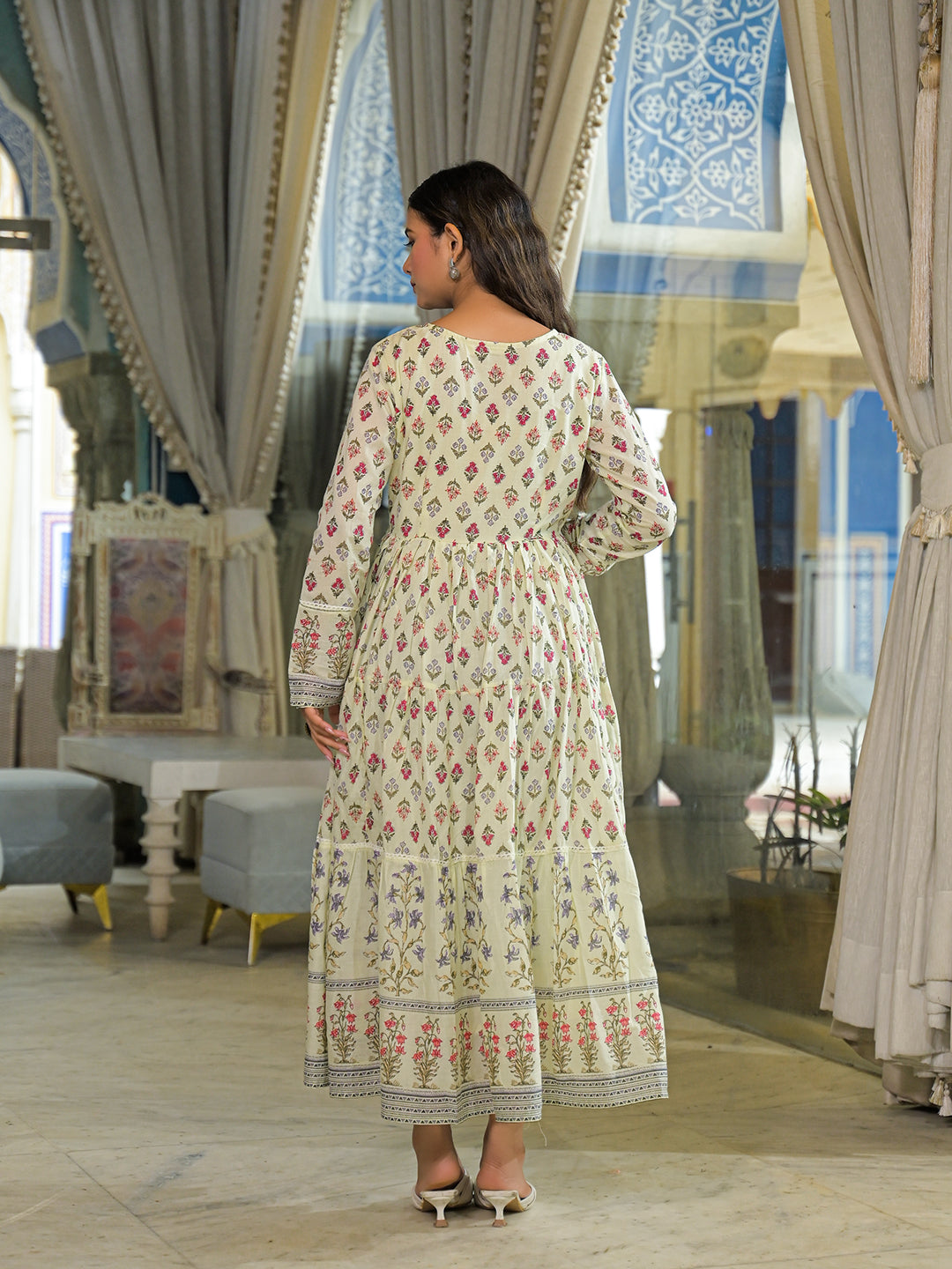 Cream Ethnic Motif Cotton Dress