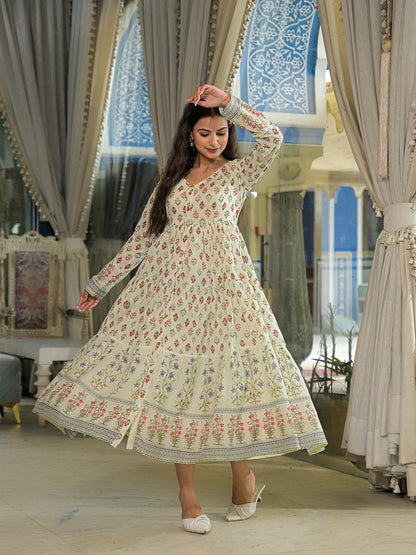 Cream Ethnic Motif Cotton Dress