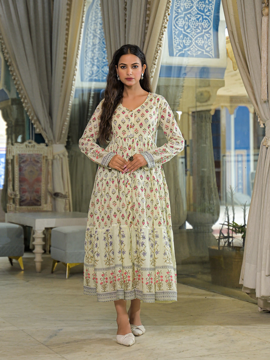 Cream Ethnic Motif Cotton Dress