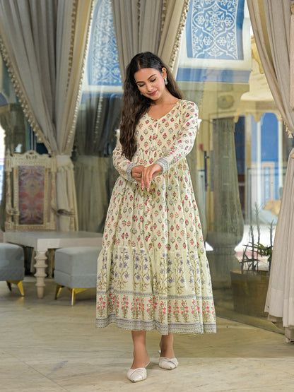 Cream Ethnic Motif Cotton Dress