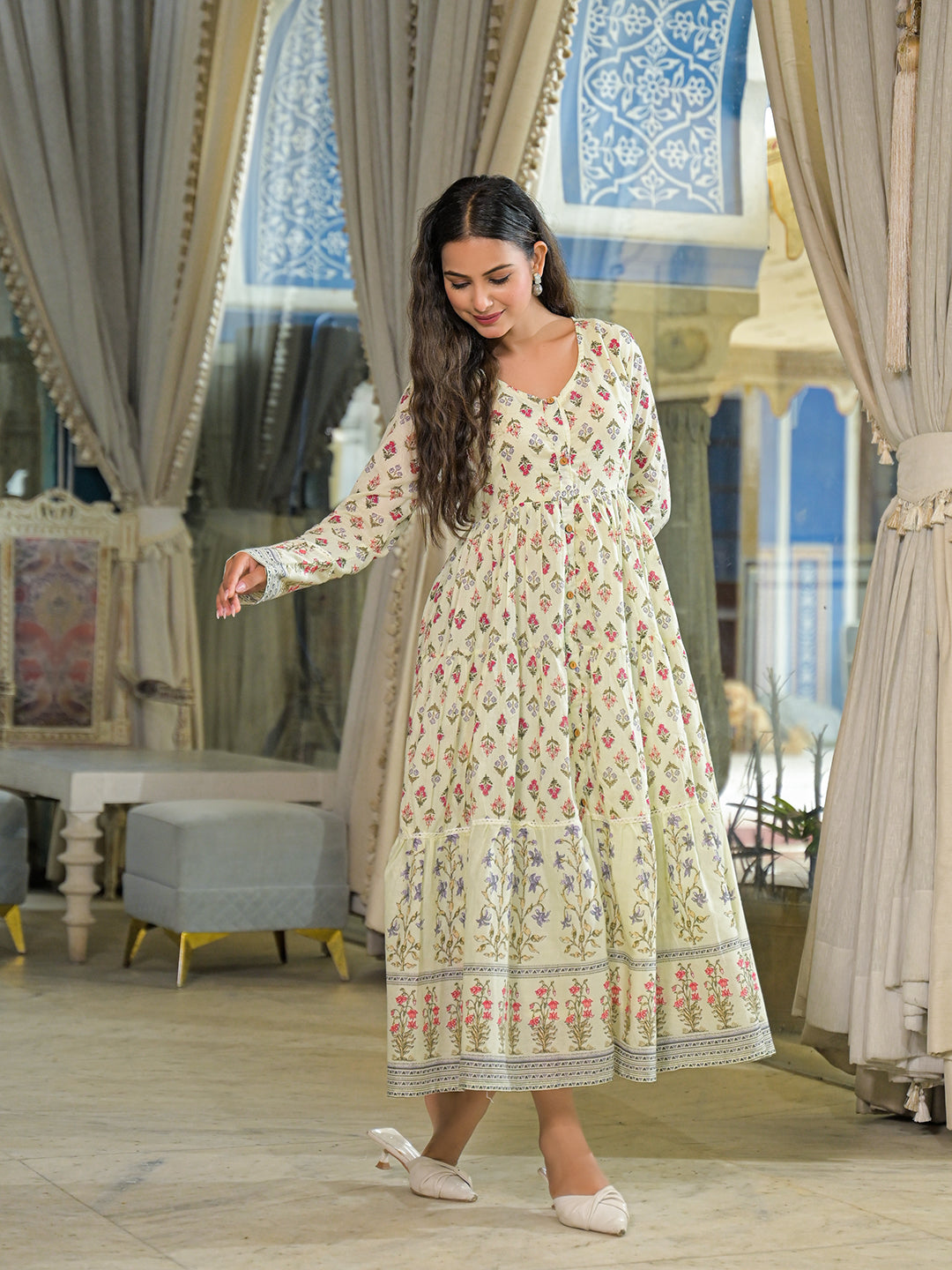Cream Ethnic Motif Cotton Dress
