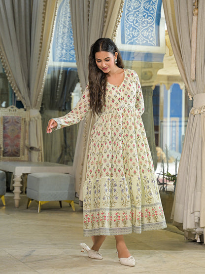 Cream Ethnic Motif Cotton Dress