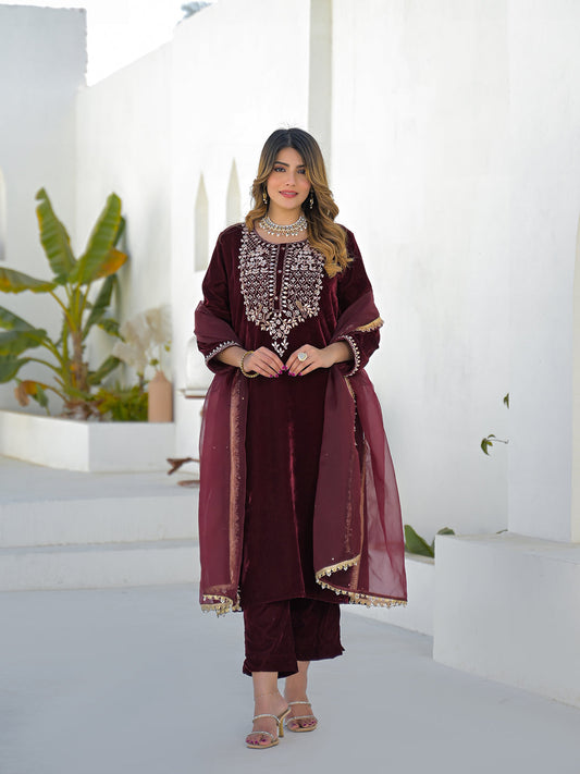 Embroidered Maroon Velvet Kurta Pant Dupatta Set for Women