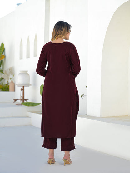 Embroidered Maroon Velvet Kurta Pant Dupatta Set for Women