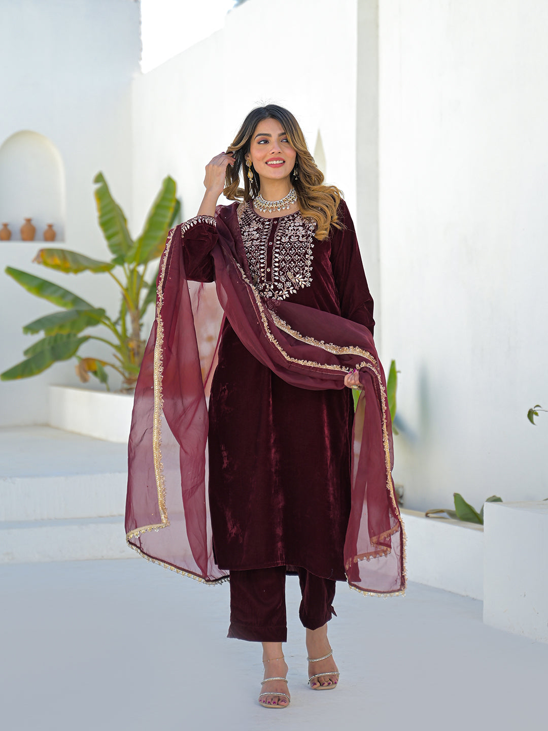 Embroidered Maroon Velvet Kurta Pant Dupatta Set for Women