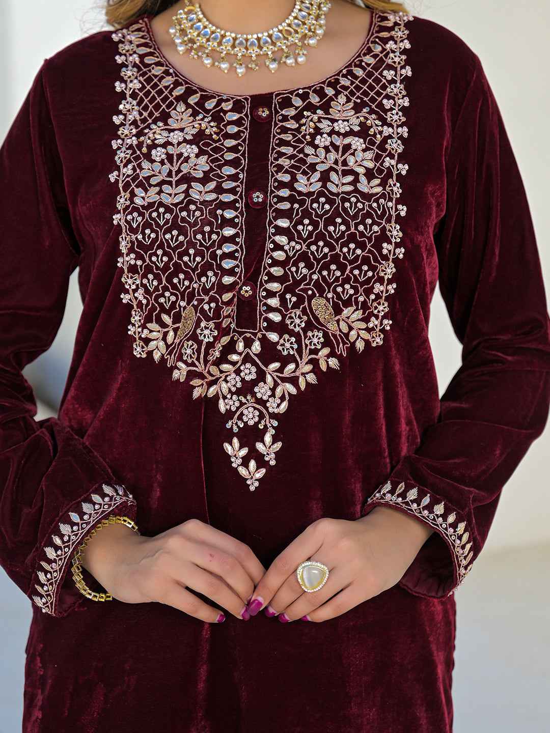 Embroidered Maroon Velvet Kurta Pant Dupatta Set for Women