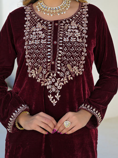 Embroidered Maroon Velvet Kurta Pant Dupatta Set for Women