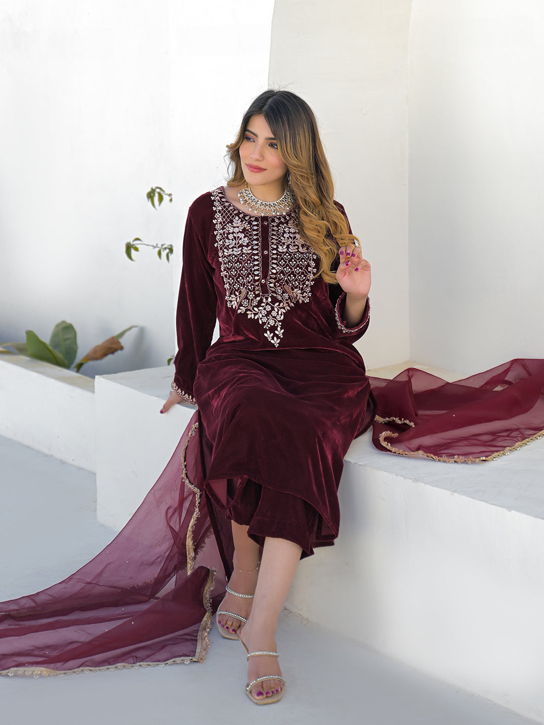 Embroidered Maroon Velvet Kurta Pant Dupatta Set for Women