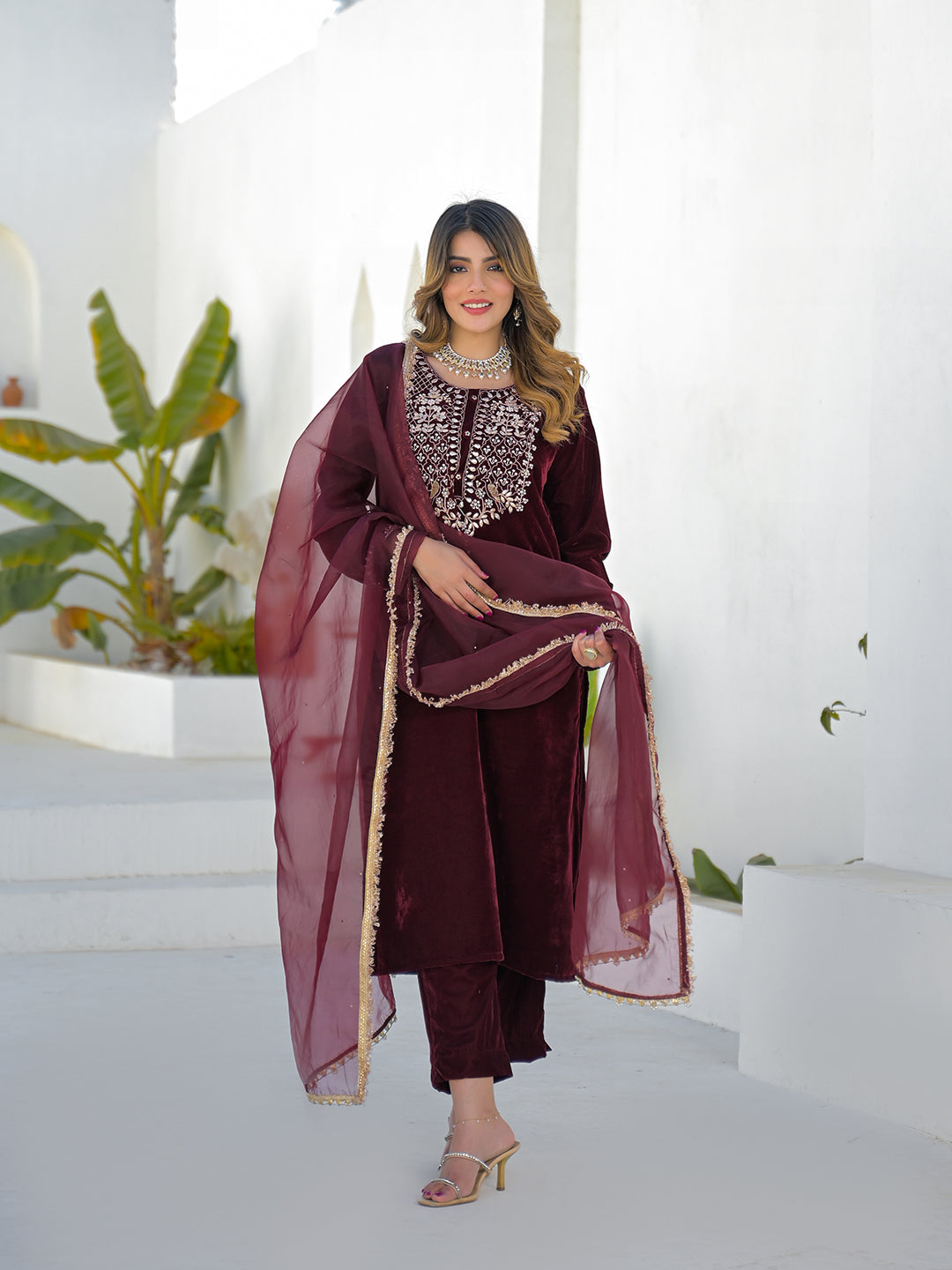Embroidered Maroon Velvet Kurta Pant Dupatta Set for Women