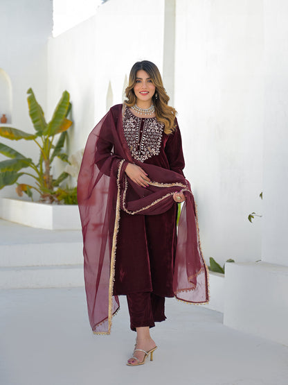Embroidered Maroon Velvet Kurta Pant Dupatta Set for Women