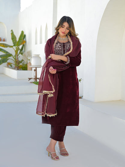 Embroidered Maroon Velvet Kurta Pant Dupatta Set for Women