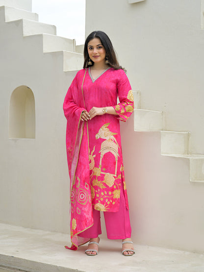 Pink Muslin Digital Print Kurta Pant Set With Dupatta