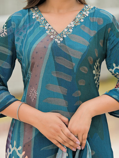 Blue Pure Crepe Digital Print Kurta Pant Set With Dupatta