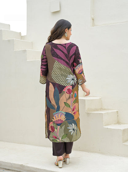 Purple Pure Crepe Digital Print Kurta Pant Set With Dupatta